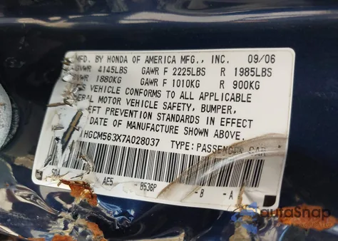 2007 Honda Accord 2.4 Se из США, поврежденный, VIN 1HGCM563X7A028037